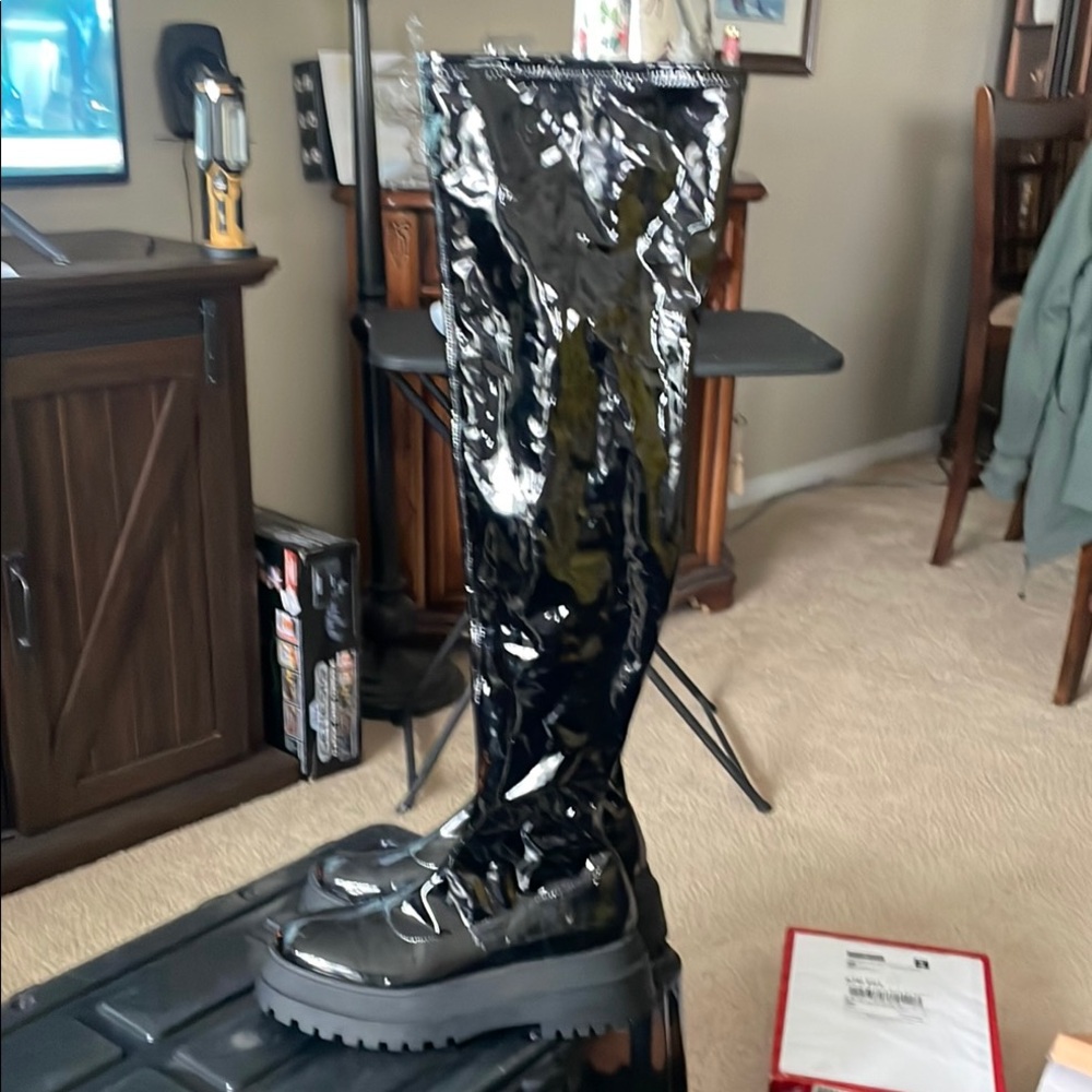 Black Over the Knee Platform Boots with Glossy Finish